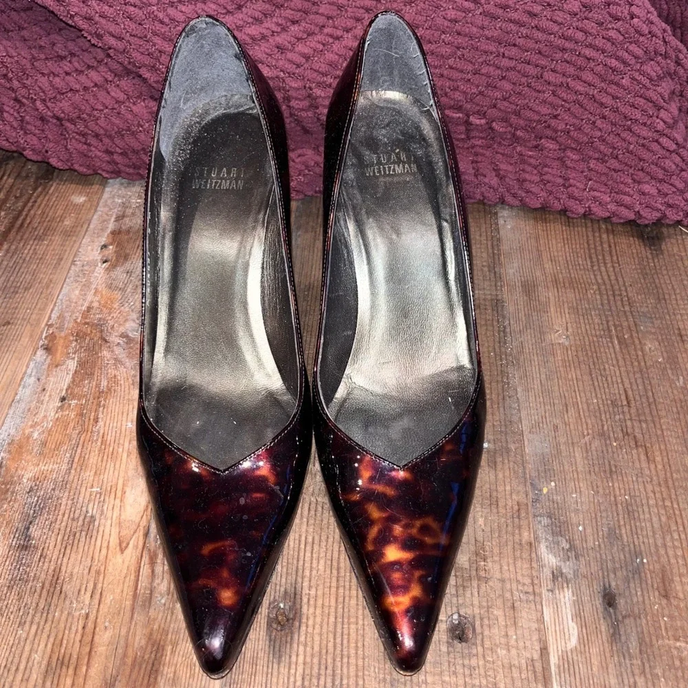 Stuart Weitzman Tortoise Shell Patent Leather Pointed Toe Pumps Heels 9M A404697